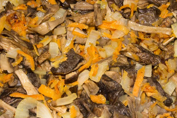 Mantar kızarmış soğan ve havuç. Kızarmış yağlı mantar arka plan.