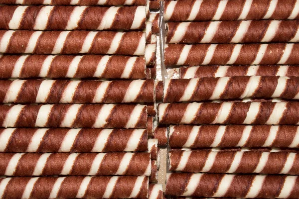 Rollos Oblea Con Relleno Chocolate Fondo Los Túbulos Oblea Con —  Fotos de Stock