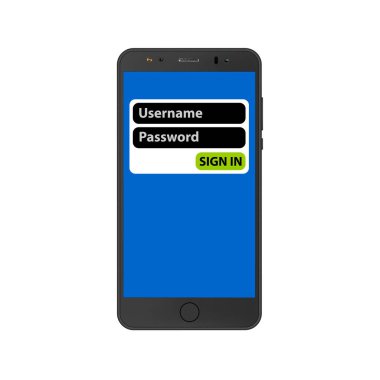 Akıllı telefonunuza kullanıcı adınızı ve şifrenizi girin. Vektör çizimi.