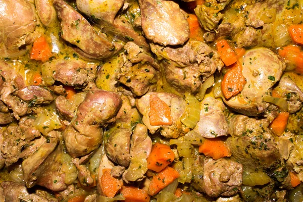 Fígado Frango Frito Com Cebolas Cenouras — Fotografia de Stock