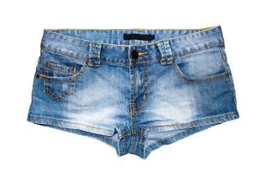 Beyaz arka planda kadın denim şort. Kısa kot şort.