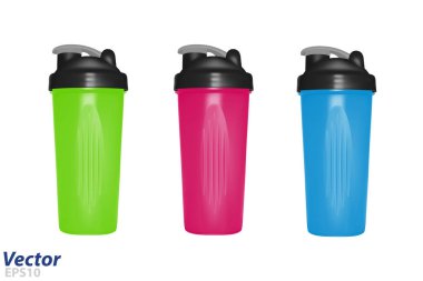 Protein için shaker vektör sallar. Beyaz arka planda vektör plastik shaker. Vektörde bisiklet şişesi.