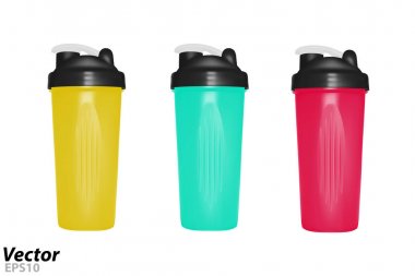 Protein için shaker vektör sallar. Beyaz arka planda vektör plastik shaker. Vektörde bisiklet şişesi.