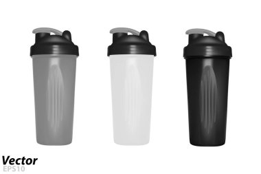 Protein için shaker vektör sallar. Beyaz arka planda vektör plastik shaker. Vektörde bisiklet şişesi.