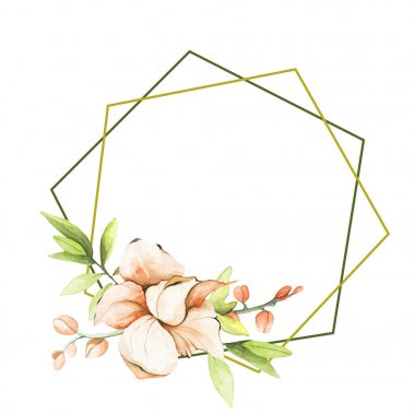 Büyülü çiçekler ve tomurcuklar suluboya çerçevesi. Tropikal bitkiler. Tebrik kartları, davetiyeler, poster için mükemmel.