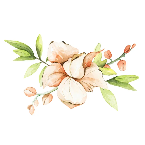 Watercolor composition of magical flowers and buds. Tropical plants.  Perfect for greeting cards, invitations, posters.