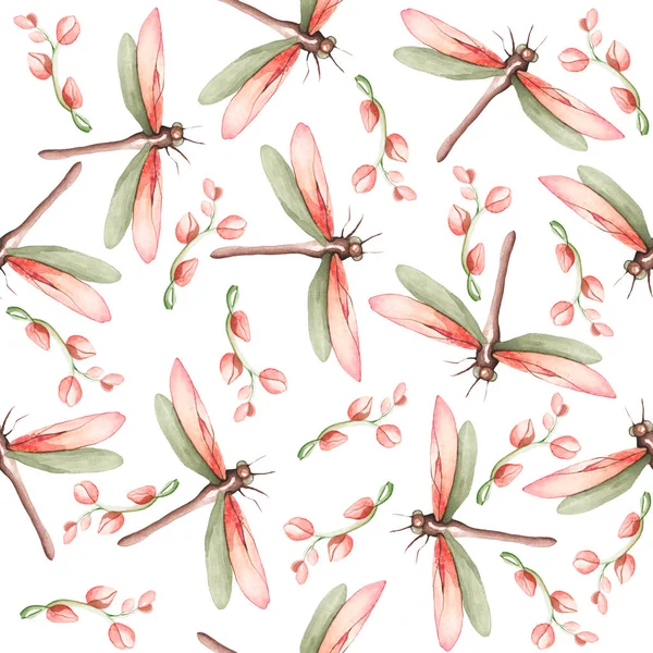 Watercolor pattern of dragonflies and buds. Perfect for packing, cards, posters.