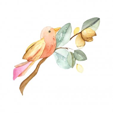 Çiçek açan şube üzerinde büyülü suluboya kuş. Poster, tebrik kartları, kağıt paketleme veya Tekstil için idealdir.