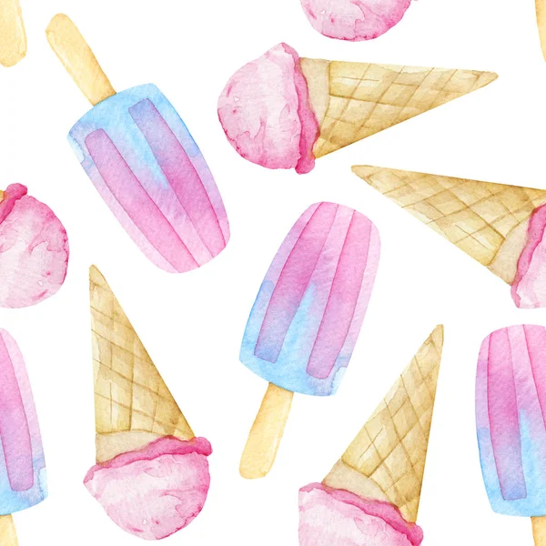 Nahtloses Muster Mit Aquarell Eis Handgezeichnet Süßen Sommer Dessert Hintergrund — Stockfoto