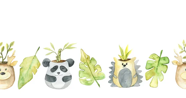 Watercolor border with cute pots. Cute illustrations of animals. Perfect for office, design and decor of children's rooms, products for children.