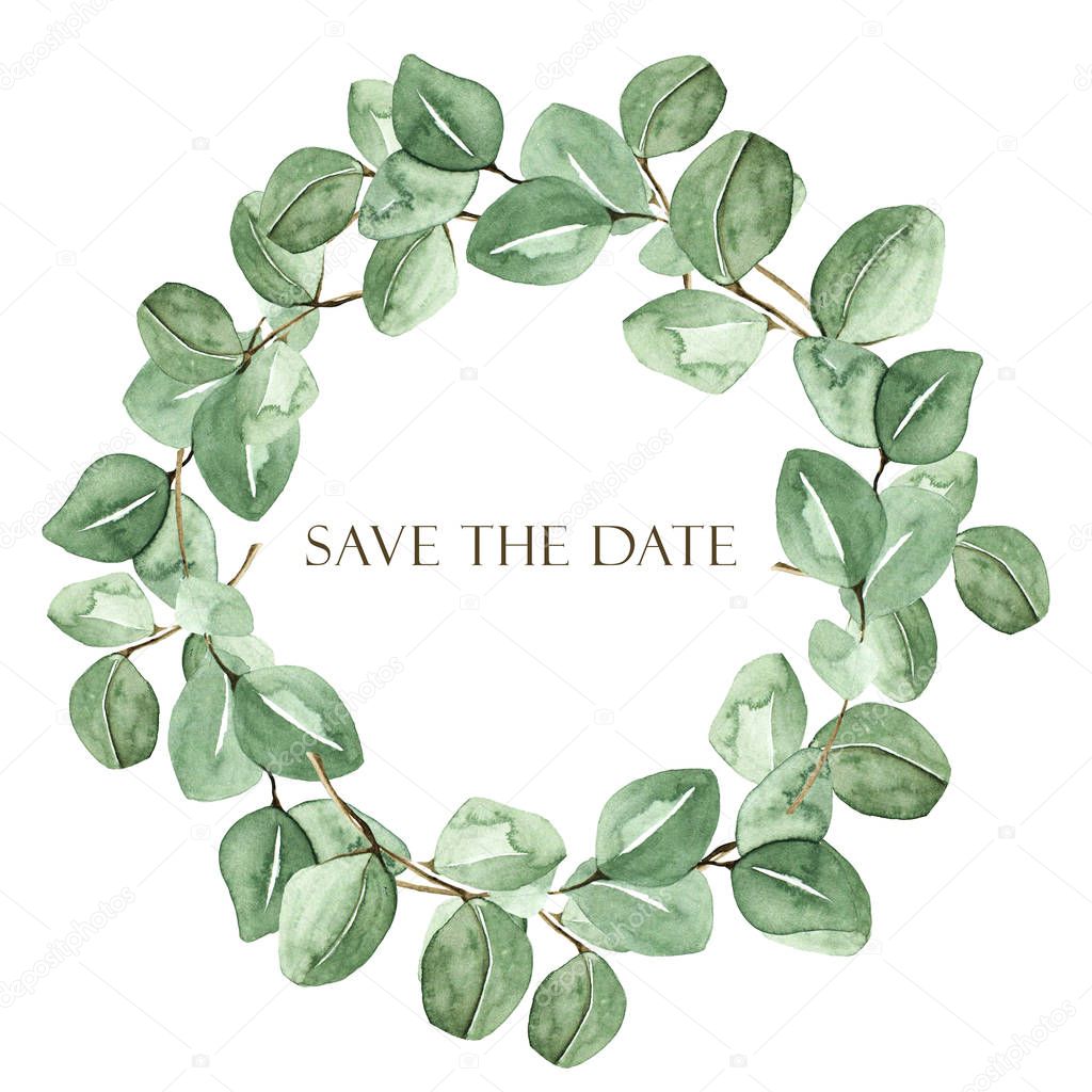Watercolor round wreath with eucalyptus. Perfect for cards, wedding invitation, posters, save the date or greeting design. Summer flowers with space for your text. 