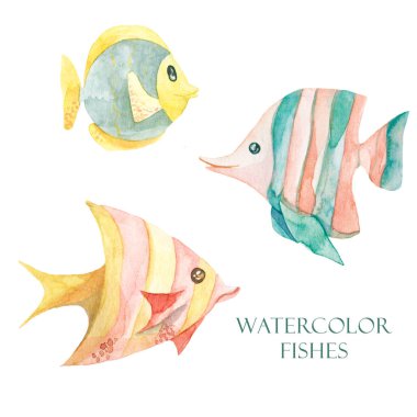 Suluboya balık seti. Beyaz arka plan üzerinde el çizilmiş sualtı hayvan illüstrasyon. 