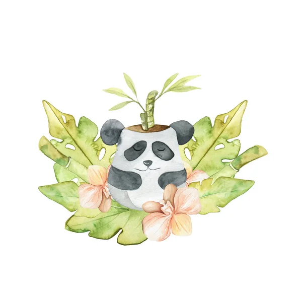 Watercolor Tropical Cartoon Isolated Cute Panda Flowers Leaves Nursery Woodland — Stock Photo, Image