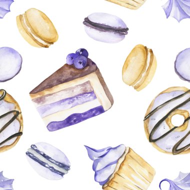 Suluboya el ile dikişsiz desen yaban mersini ve macaroons ile tatlı ve lezzetli kek boyalı. El boyalı meyve tatlıarka plan kumaş tekstil veya menü için mükemmel 