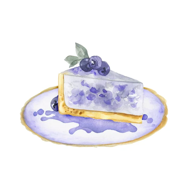 Yaban mersini ile suluboya cheesecake. Tabakta tatlı. Suluboya illüstrasyon