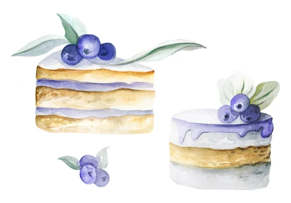 ブルーベリーデザートの水彩セット 美しいケーキとベリー メニュー ポスター テキスタイルに最適 — ストック写真