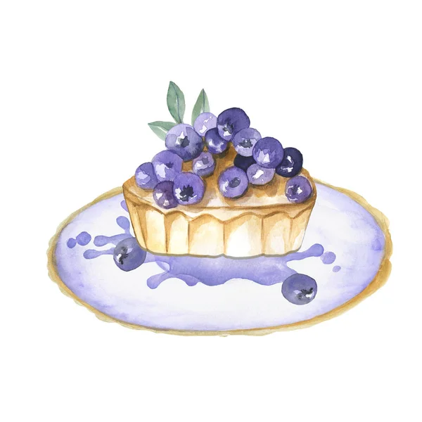 Aquarellkuchen Mit Blaubeeren Auf Violettem Teller Handgezeichnete Komposition Des Desserts — Stockfoto