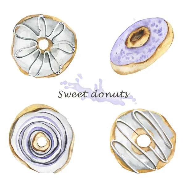 Conjunto Aquarela Rosquinhas Doces Coleção Pintada Mão Perfeita Para Menu — Fotografia de Stock