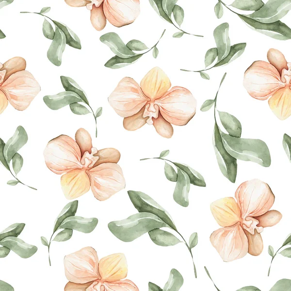 Trendy seamless pattern of orchids and leaves. Watercolor tropical print. Ideal for textile, wallpaper, office products and other.