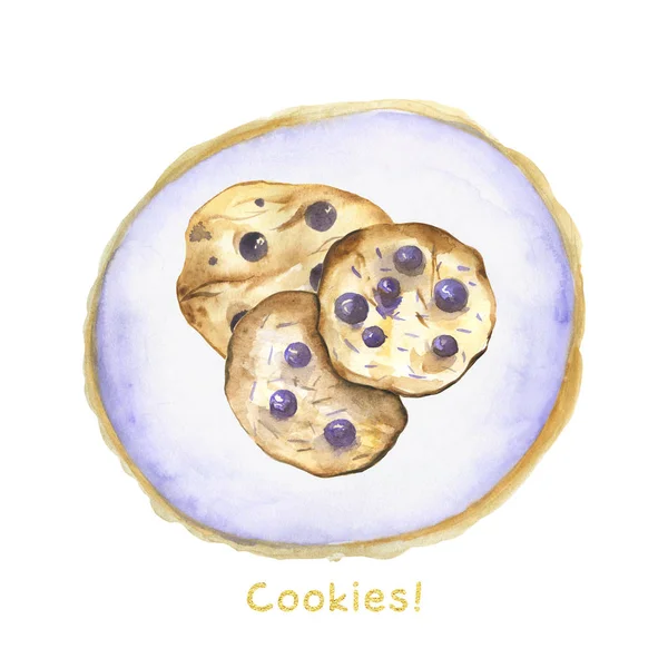 Cute Cookies Plate Watercolor Illustration Perfect Menu Posters Cards — Stock Photo, Image