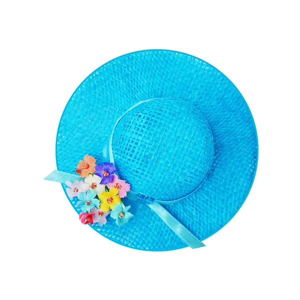 Mavi Kadının Şapka Yaz Aksesuarları Tatil Seyahat Tatil Üstten Görünüm — Stok fotoğraf