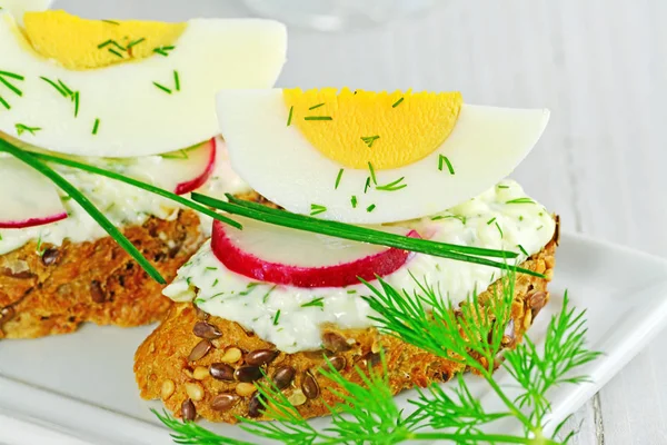 Canapés Com Queijo Cabra Rabanete Vermelho Fatia Ovo Endro Prato — Fotografia de Stock