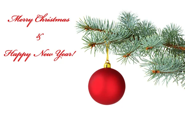 红圣诞球挂在银色冷杉树枝上 — 图库照片
