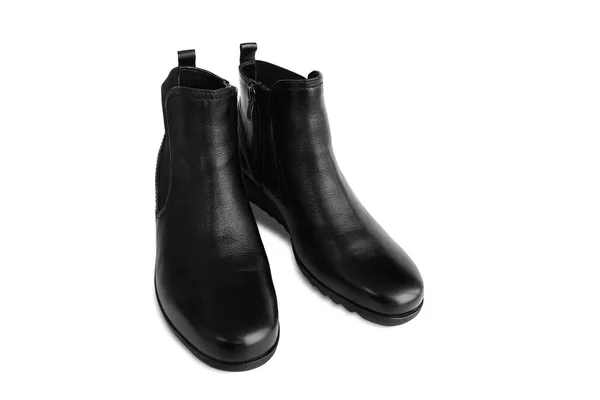 Pair Black Women Leather Boots Isolated White Background Short Demi — Stock Photo, Image