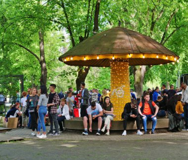 Birçok genç, rahatlatıcı, yeme ve ahşap mantar tezgah içme