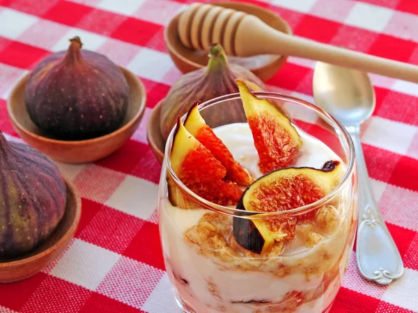 Tahıl, incir ve bal ile yoğurt — Stok fotoğraf