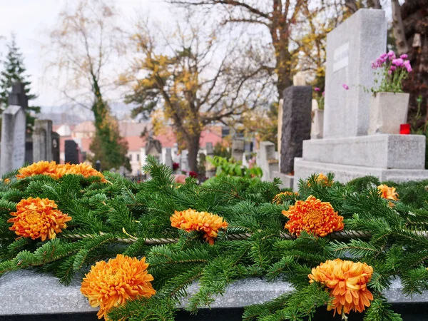 Orangefarbene Chrysanthemenblüten und Tannenzweige auf einem Grab — Stockfoto