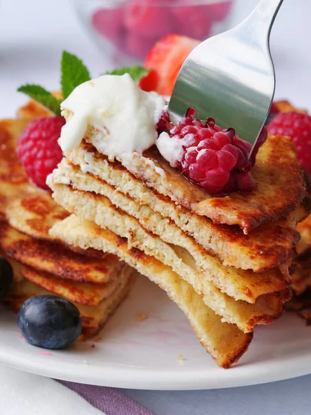 Slice Stacked Keto Pancakes Made Coconut Flour Almond Flour Served — Stock Photo, Image