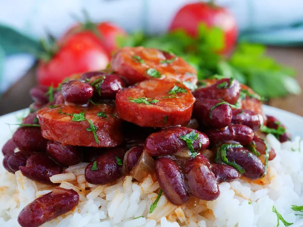 Red Beans Rice Sausage Cajun Food Closeup — Stock Photo, Image