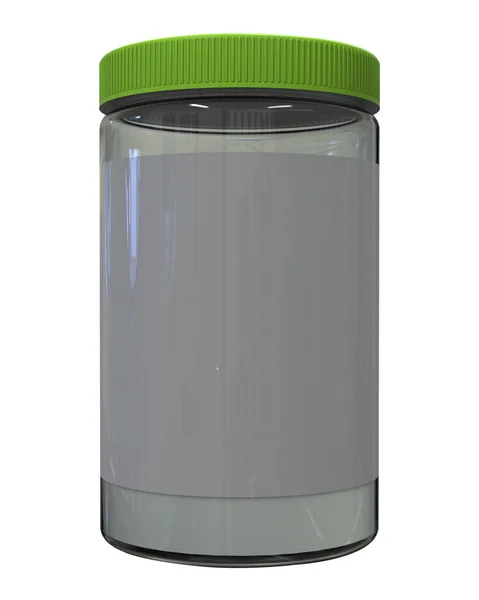3D插图 白色背景上有鹦鹉绿色盖子的玻璃容器 — 图库照片