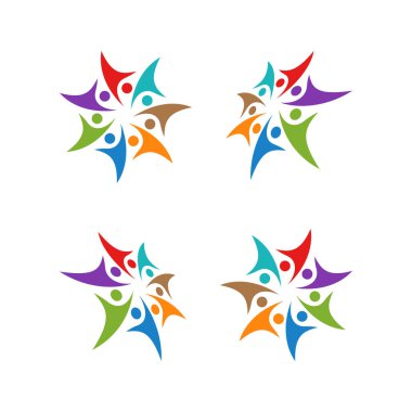 7 kişi ekip çalışması grup renkli logo şablonu vektör çizim