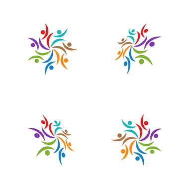 7 kişi ekip çalışması grup renkli logo şablonu vektör çizim