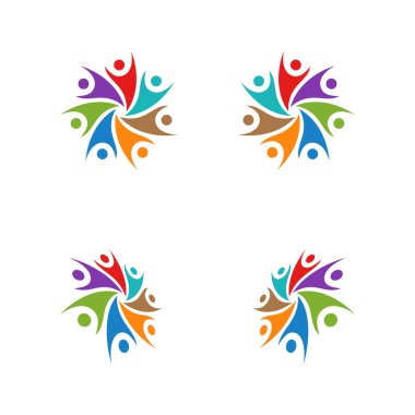 7 kişi ekip çalışması grup renkli logo şablonu vektör çizim