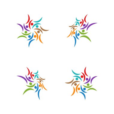 7 kişi ekip çalışması grup renkli logo şablonu vektör çizim