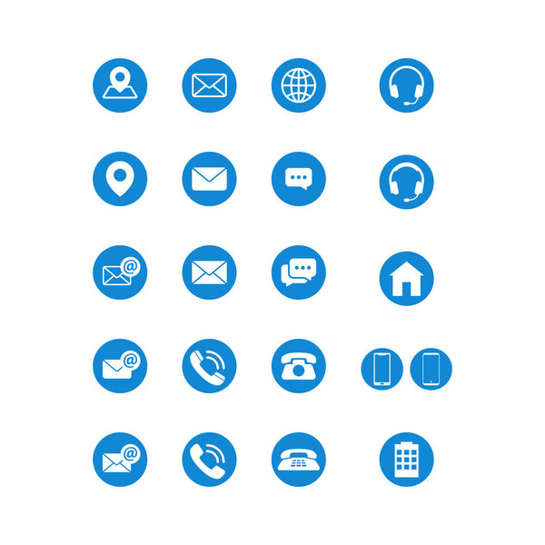 Современные коммуникации связаться с нами установить иконки дизайн символов для технологического бизнеса все компании с высоким конечным взглядом на синий цвет векторной иллюстрации изолированы на белом фоне
