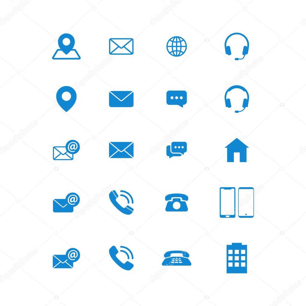 Modern communication contact us set icons design symbols for technology business all company with high end look on blue color vector illustration isolated on white background