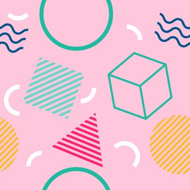 Moda ve duvar kağıdı için renkli ve geometrik şekil ile Dikişsiz Memphis Arka Plan Soyut Desen