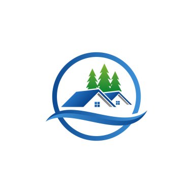 Emlak İnşaat Logo tasarım vektör Şablon ev ve mavi gri renkli bina