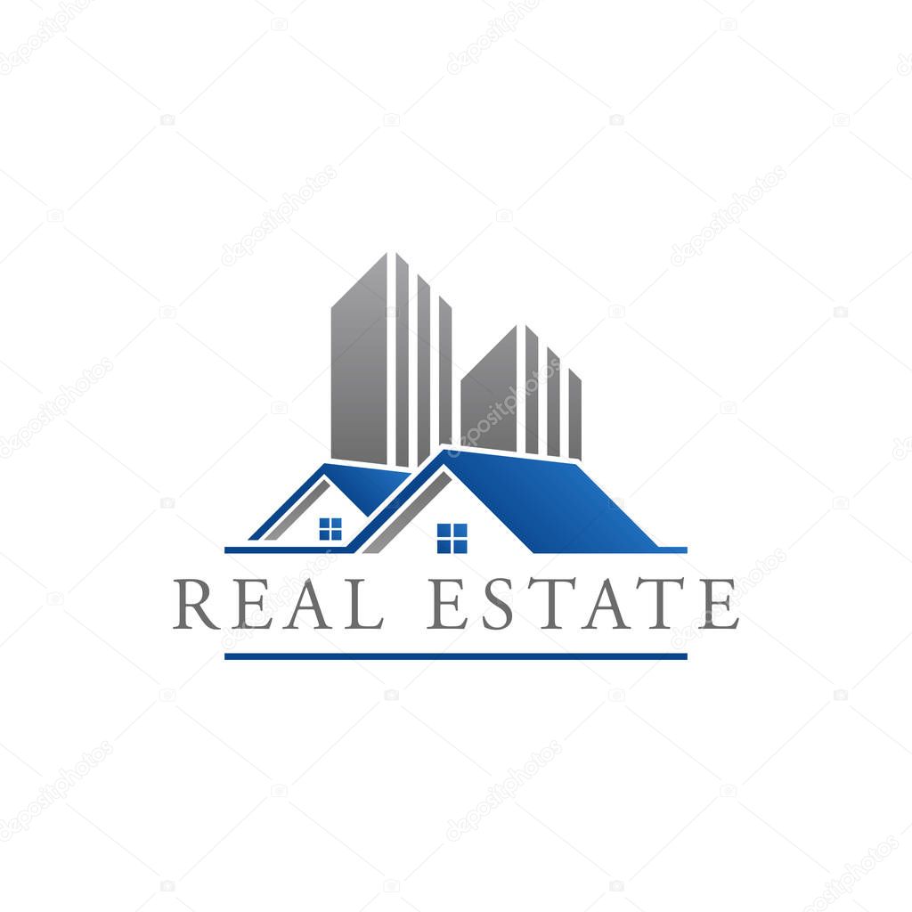 Real Estate Construction Logo design vector Template house and building with blue grey color