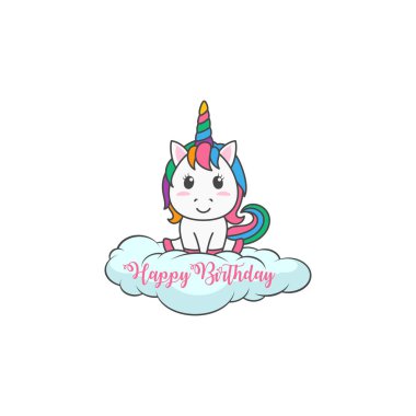 Karikatür Happy Birthday Magical Unicorn illüstrasyon Davet Tebrik Kartı eğlenceli ve sevimli bakmak pastel renk ile