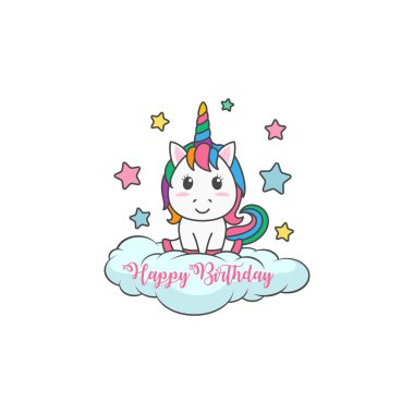 Karikatür Happy Birthday Magical Unicorn illüstrasyon Davet Tebrik Kartı eğlenceli ve sevimli bakmak pastel renk ile