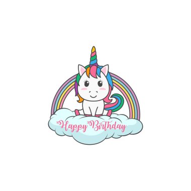 Karikatür Happy Birthday Magical Unicorn illüstrasyon Davet Tebrik Kartı eğlenceli ve sevimli bakmak pastel renk ile