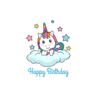 Karikatür Happy Birthday Magical Unicorn illüstrasyon Davet Tebrik Kartı eğlenceli ve sevimli bakmak pastel renk ile