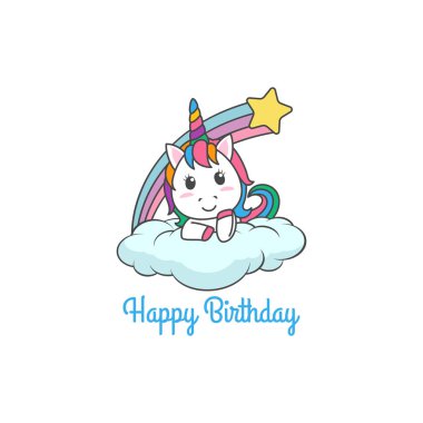 Karikatür Happy Birthday Magical Unicorn illüstrasyon Davet Tebrik Kartı eğlenceli ve sevimli bakmak pastel renk ile