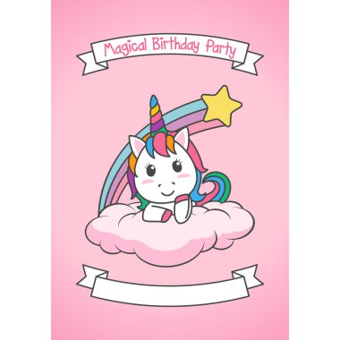 Karikatür Happy Birthday Magical Unicorn illüstrasyon Davet Tebrik Kartı eğlenceli ve sevimli bakmak pastel renk ile