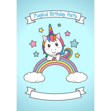 Karikatür Happy Birthday Magical Unicorn illüstrasyon Davet Tebrik Kartı eğlenceli ve sevimli bakmak pastel renk ile